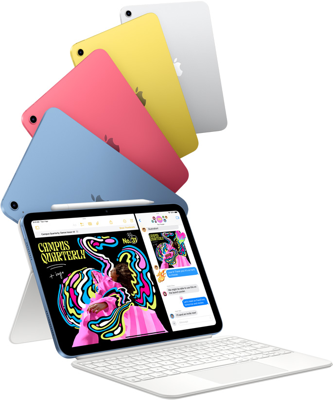 iPad in blue, pink, yellow and silver colours and one iPad attached to the Magic Keyboard Folio.