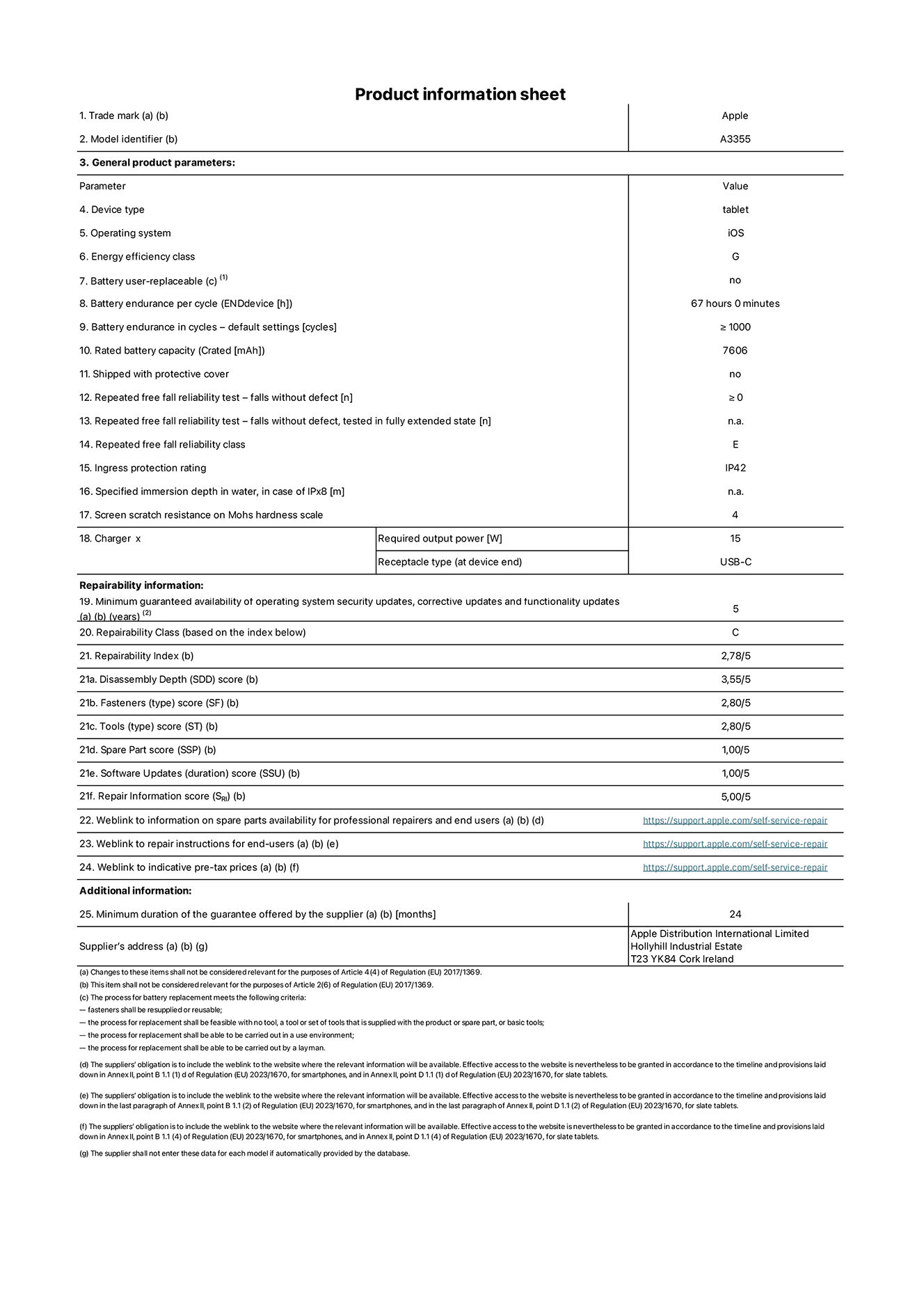 Product information sheet for iPad Wi-Fi + Cellular, model A3355. Supplied by Apple Distribution International Ltd, Hollyhill Industrial Estate. Cork, Ireland T23 YK84. Device type: tablet. Operating system: iOS. Energy efficiency class: G. Battery user-replaceable: no. Battery endurance: 67 hours. Battery endurance in cycles: ≥ 1000. Rated battery capacity: 7606 mAh. Repeated free fall reliability test - falls without defect: ≥ 0. Repeated free fall reliability class: E. Ingress protection rating: IP42. Screen scratch resistance on Mohs hardness scale: 4. Charger required output power: 15 W. Charger receptacle type: USB-C. Minimum guaranteed availability of operating system security updates, corrective updates and functionality updates: 5 years. Repairability Class: C. Repairability Index: 2, 78/5. Disassembly Depth score: 3, 55/5. Fasteners score: 2, 80/5. Tools score: 2, 80/5. Spare Part score: 1, 00/5. Software Updates score: 1, 00/5. Repair Information score: 5, 00/5. Weblink to information on spare parts availability for professional repairers and end users: https://support.apple.com/self-service-repair. Weblink to repair instructions for end-users: https://support.apple.com/self-service-repair. Weblink to indicative pre-tax prices: https://support.apple.com/self-service-repair. 24-month general guarantee offered.