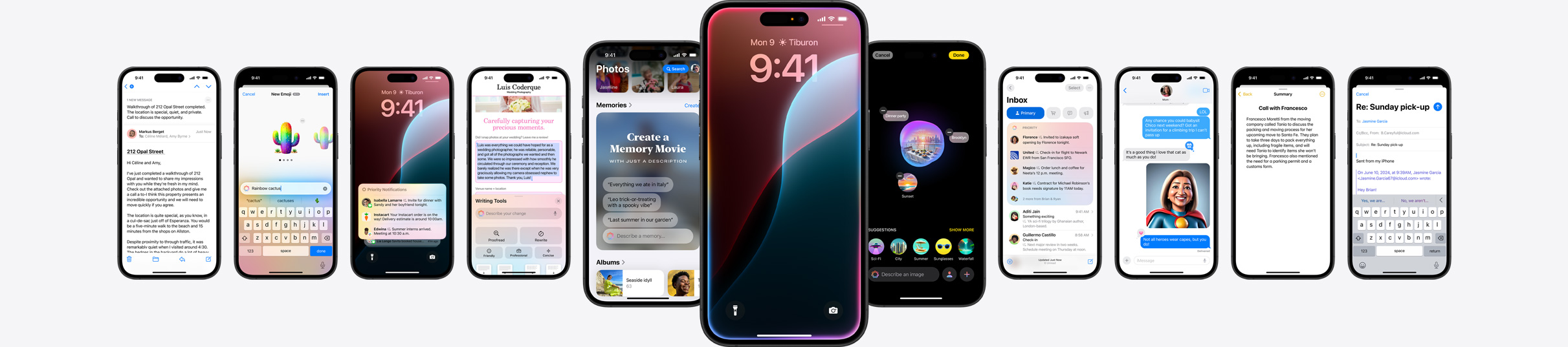 ภาพนิ่งของ iPhone หลายเครื่องแสดงคุณสมบัติต่างๆ ของ Apple Intelligence