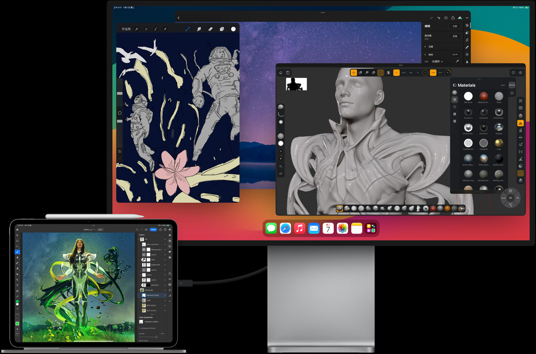 橫向放置的 iPad Pro 貼合在巧控鍵盤上，並連著一部外接顯示器，兩個螢幕都在編輯圖像