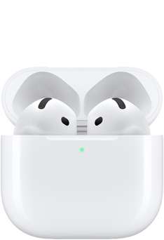 Un paio di AirPods 4 nella custodia di ricarica con il coperchio aperto.