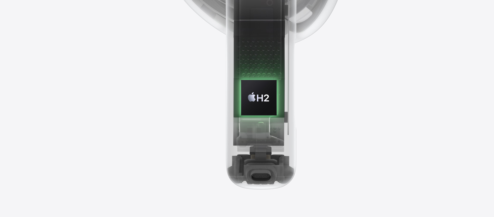 La sezione interna dello stelo degli AirPods 4, con in evidenza il chip H2.