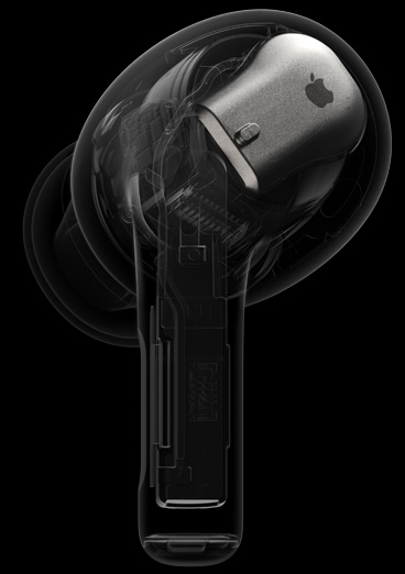 Vista dei componenti interni degli AirPods Pro con in evidenza il guscio del chip H2.