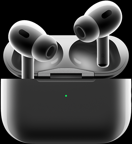 Un paio di AirPods Pro che spuntano da una custodia di ricarica MagSafe aperta.