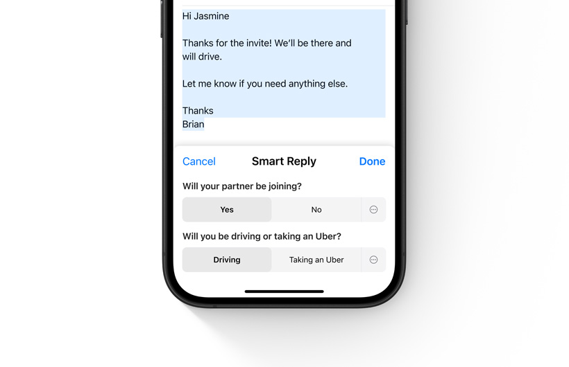 Mail uygulamasındaki Akıllı Yanıt seçenekleri bir iPhone’da gösteriliyor.