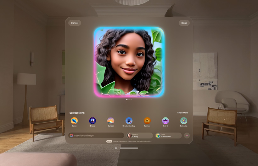 The Image Playground interface on Apple Vision Pro. A colourful illustration of a young person surrounded by vegetation is displayed in the centre, below the illustration are numerous buttons labelled ‘Beret’, ‘Disco’ and ‘Sunset’.