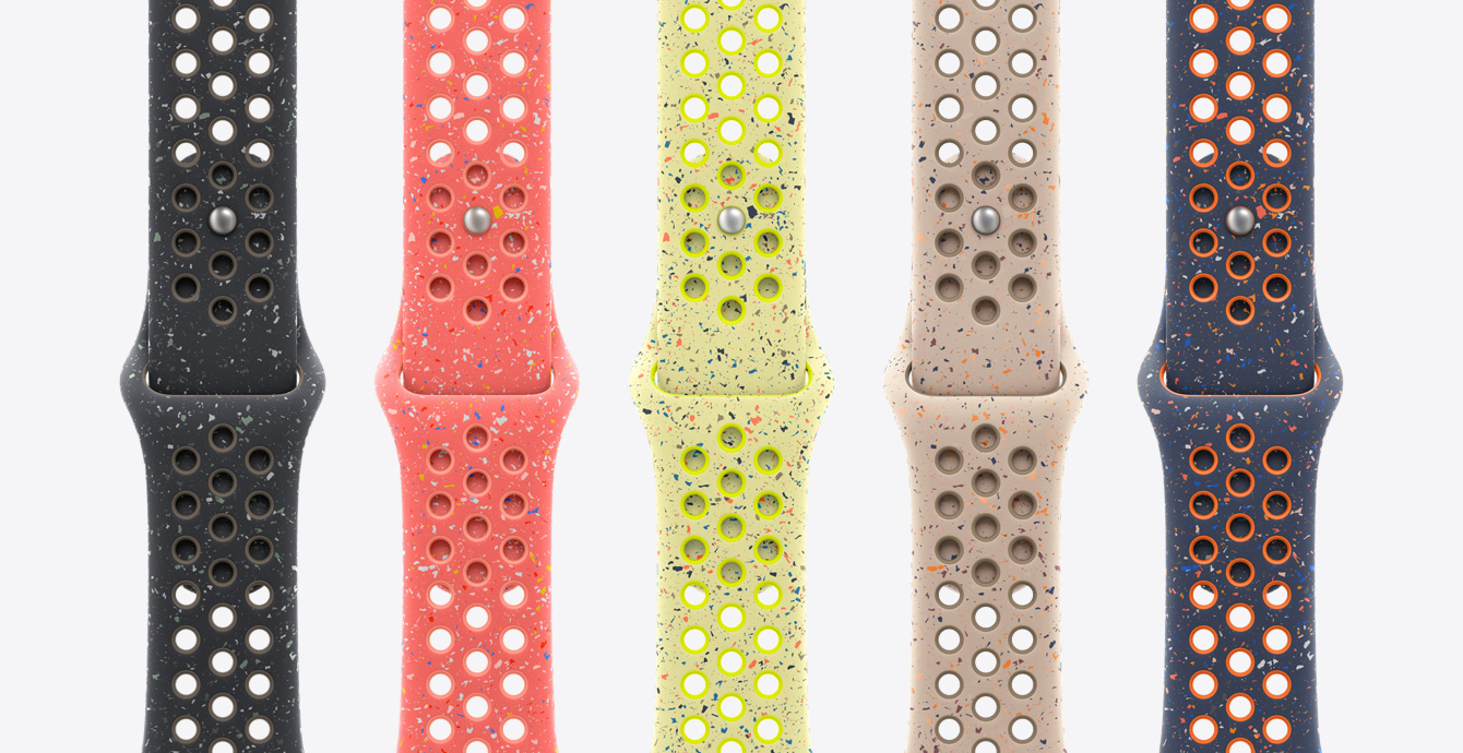 Five Nike Sport Bands in colours including Midnight Sky, Magic Ember, Volt Splash, Desert Stone and Blue Flame