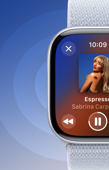 Un Apple Watch Series 10 che mostra sul display un brano in riproduzione nell’app Musica per indicare la possibilità di ascoltare l’audio dall’altoparlante.