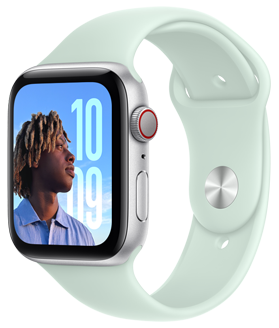 Un Apple Watch SE con sotto i campioni delle finiture disponibili: alluminio color mezzanotte, alluminio color galassia e alluminio color argento.