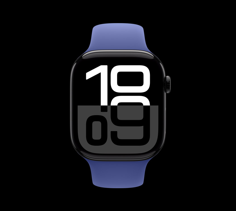 Un Apple Watch Series 10 in alluminio Jet Black visto di fronte.