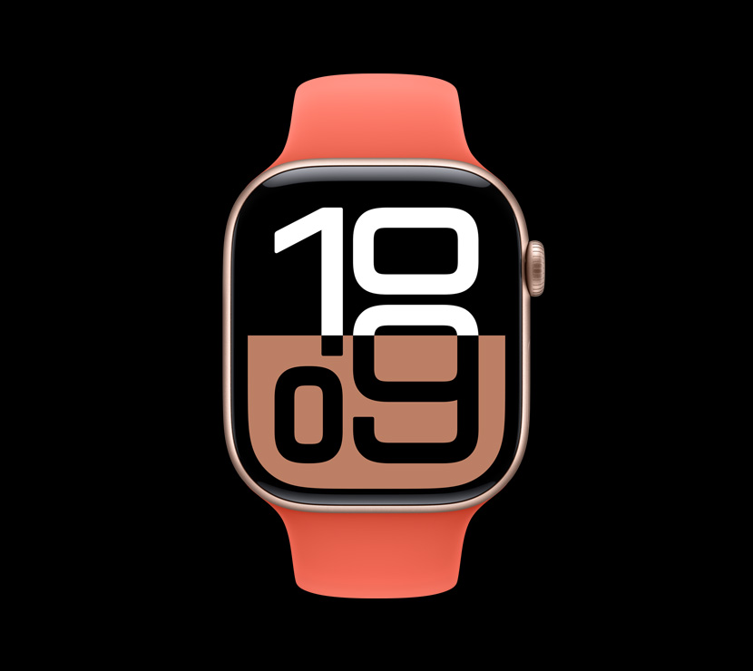 Un Apple Watch Series 10 in alluminio color oro rosa visto di fronte.