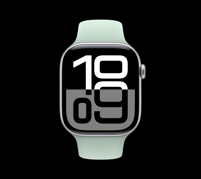 Un Apple Watch Series 10 in alluminio color argento visto di fronte.
