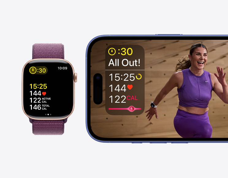 An Apple Fitness+ workout with time, heart rate and calories burned metrics on an iPhone next to an Apple Fitness+ workout showing the same metrics on an Apple Watch Series 10.
