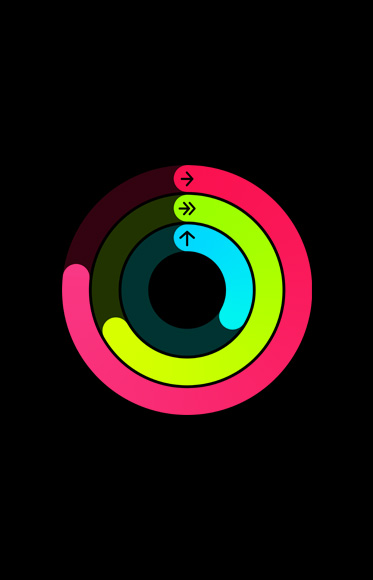 Una schermata dell’app Allenamento che mostra i progressi degli anelli Movimento, Esercizio e In piedi.