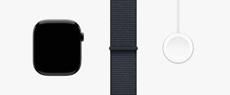 Alinhados em fila: imagem da parte da frente do Apple Watch Series 10, uma pulseira loop esportiva tinto e um cabo magnético para recarga rápida com conector USB-C.