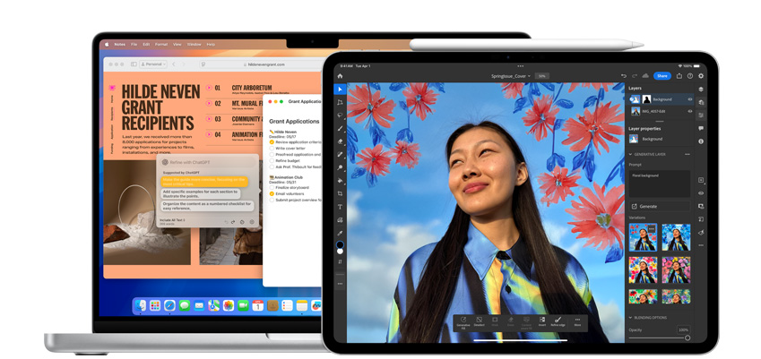 Un MacBook et un iPad affichent des apps qui intègrent l’IA