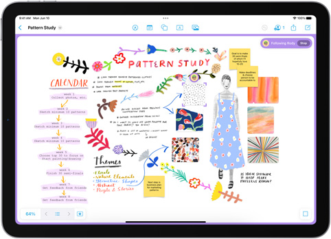 Dans l’app Freeform sur iPad, plusieurs aide-mémoire sont affichés sur un tableau consacré à l’étude de motifs