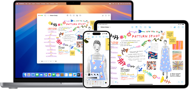 Un MacBook, un iPhone et un iPad affichent le même tableau Freeform consacré à l’étude de motifs.