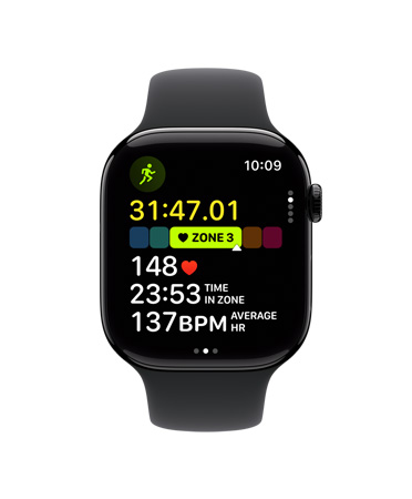 Un Apple Watch Series 10 visto di fronte, cinturino Sport nero, l’interfaccia mostra le scritte: Allenamento, Corsa outdoor, Zone di frequenza cardiaca