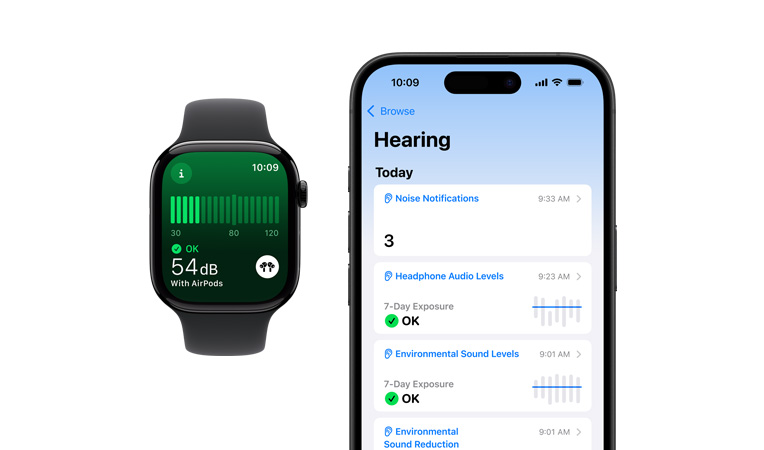 Un Apple Watch Series 10, cinturino Sport nero, l’interfaccia mostra la misurazione del livello di rumore, con accanto un iPhone 16, l’interfaccia mostra le scritte Udito, Livelli rumore ambientale e Ambiente