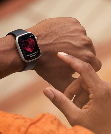 Apple Watch Series 9 45-mm, side angle, display reads ECG, Start