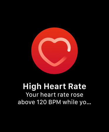 Interfaccia di una notifica di frequenza cardiaca elevata che dice: 'Frequenza cardiaca elevata. È stata rilevata una frequenza cardiaca a riposo superiore a 120 BPM per 10 minuti consecutivi (inizio variazione 09:59)'