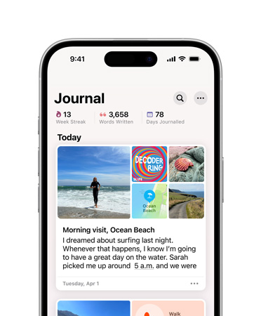 Un iPhone 16 visto di fronte, il display mostra la scritta Diario