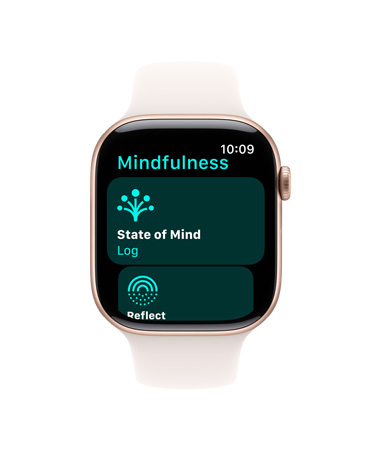 Un Apple Watch Series 10 visto di fronte, cinturino Sport bianco, l’interfaccia mostra le scritte Mindfulness, Stato d’animo, Registra