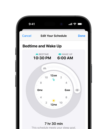 Un iPhone 16 mostrato di fronte, l’interfaccia mostra le scritte Salute, Vai a letto, Modalità chiara, I tuoi orari