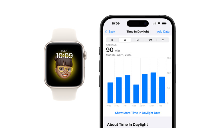 Apple Watch SE, cinturino Sport bianco, visto da davanti, con display che mostra Orologio, Memoji, accanto c’è un iPhone 16 visto da davanti, con display che mostra Salute, Grafico Tempo in luce diurna