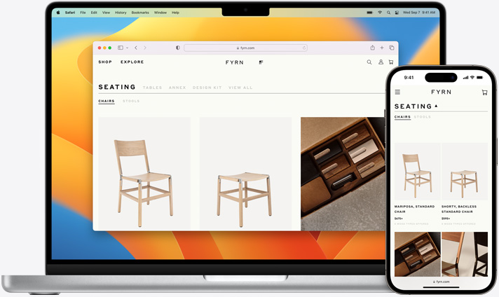 Obrazovky MacBooku a iPhonu se stejnou stránkou v Safari na obou zařízeních