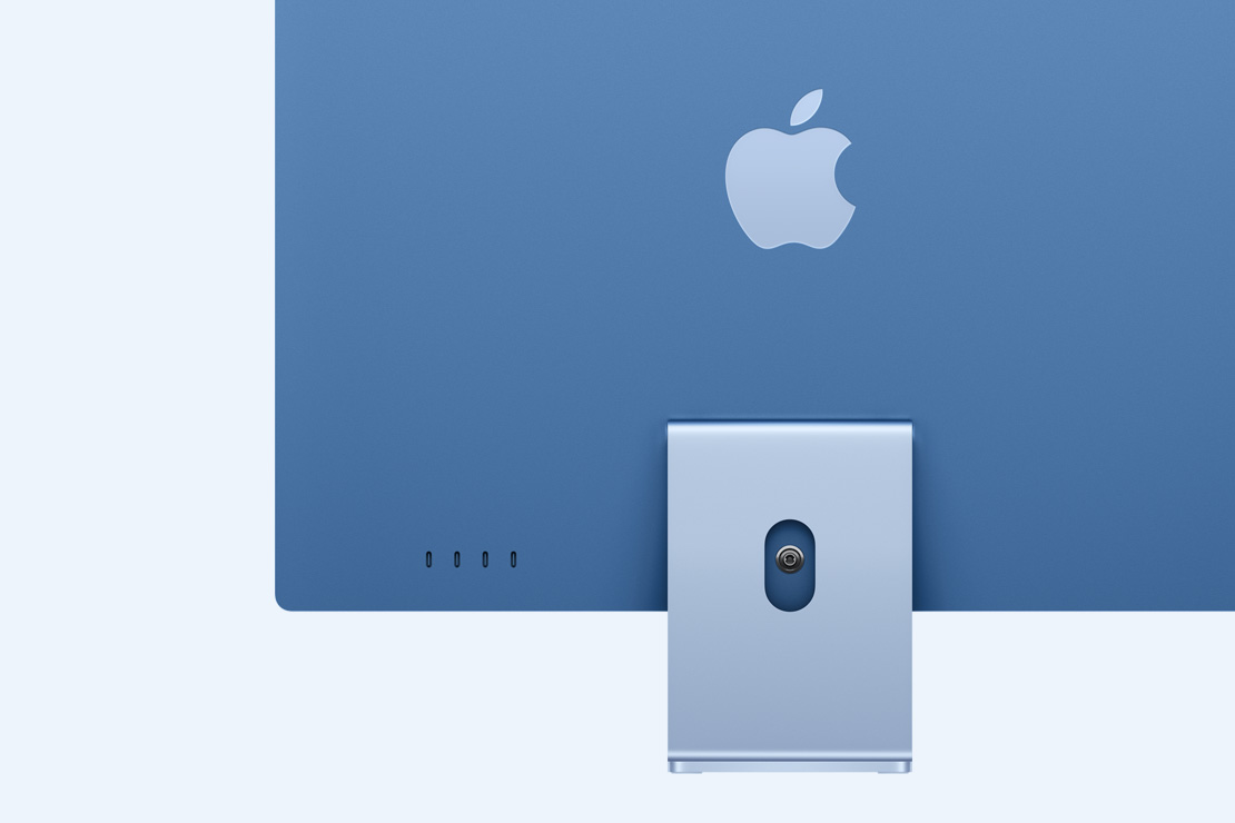 Vista posterior de una iMac azul, que destaca los cuatro puertos USB-C
