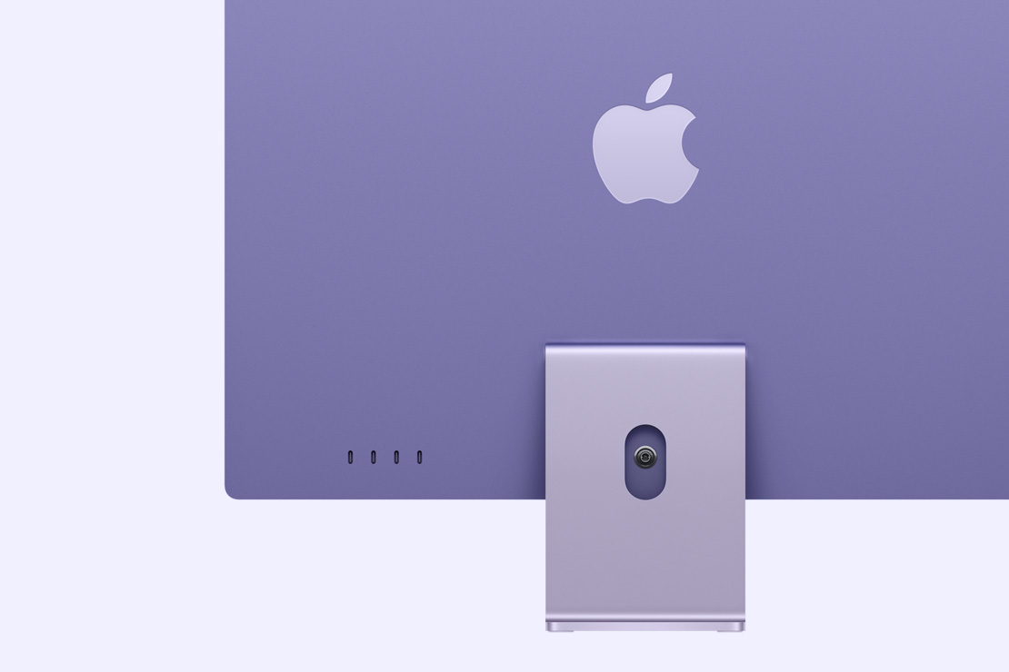 Vista posterior de una iMac morada, que destaca los cuatro puertos USB-C