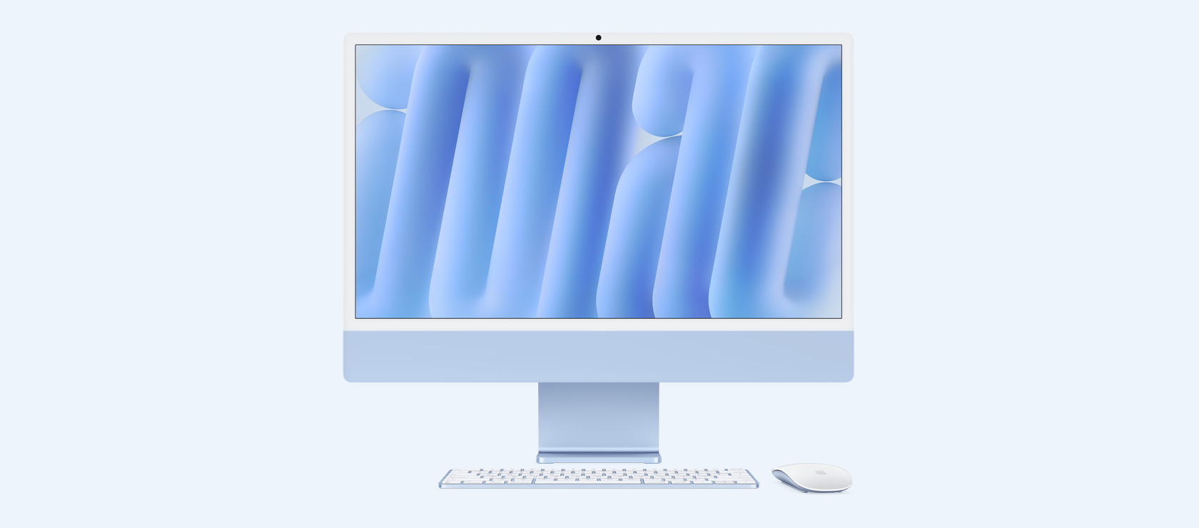 Vista frontal de una iMac azul con mouse y teclado a juego