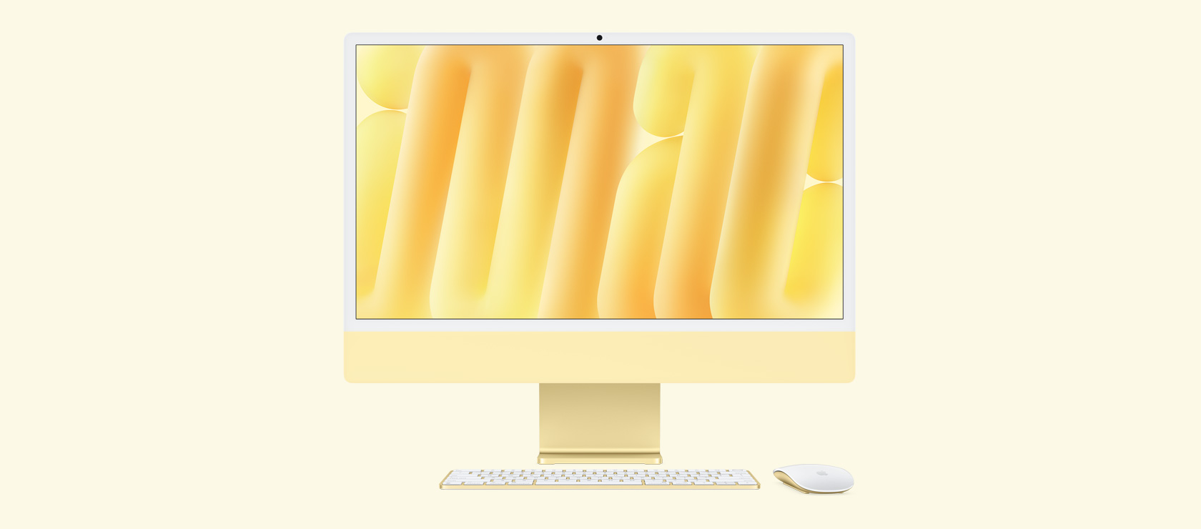 Vista frontal de una iMac amarilla con mouse y teclado a juego