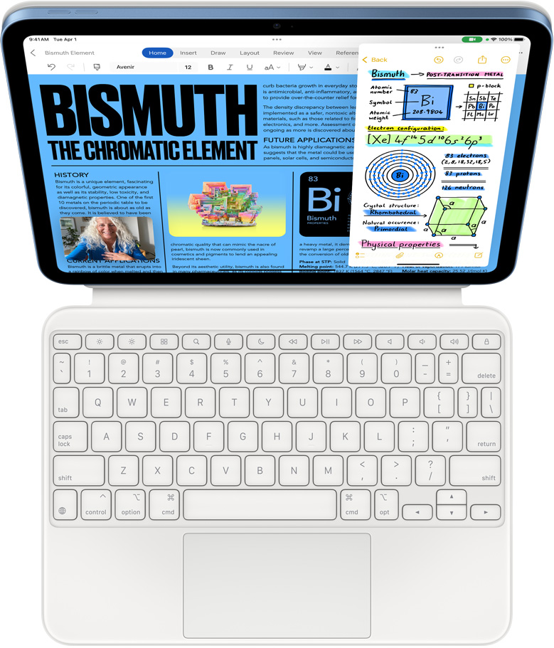 iPad attached to Magic Keyboard Folio, screen displaying Slide Over with Microsoft Word and Notes, FaceTime call is happening simultaneously.