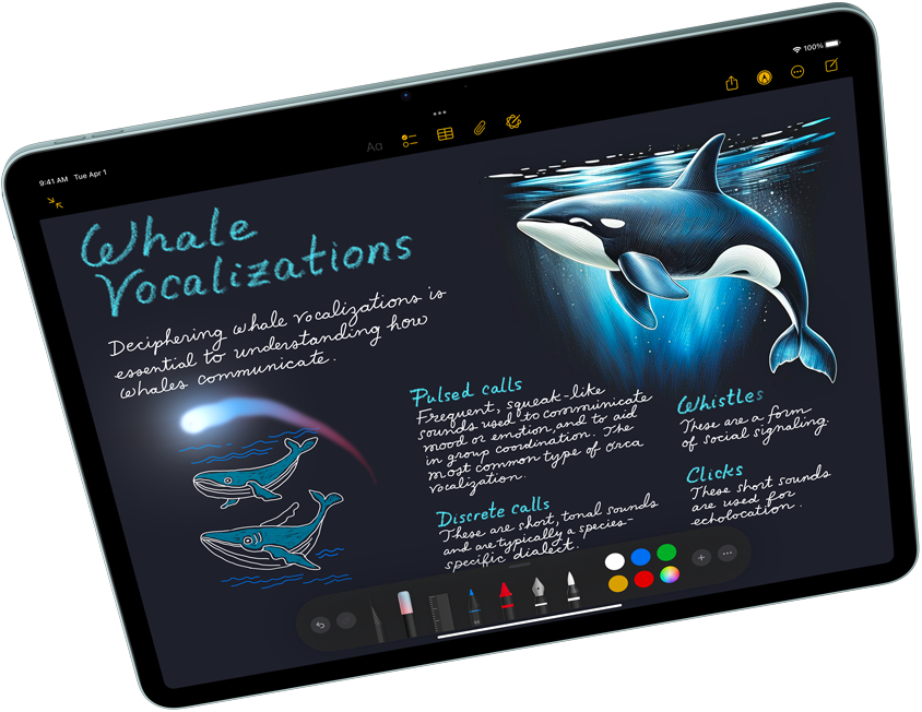 Landscape view of iPad Air showcasing Apple Intelligence with Image Playground, and Keynote, Apple Pencil Pro