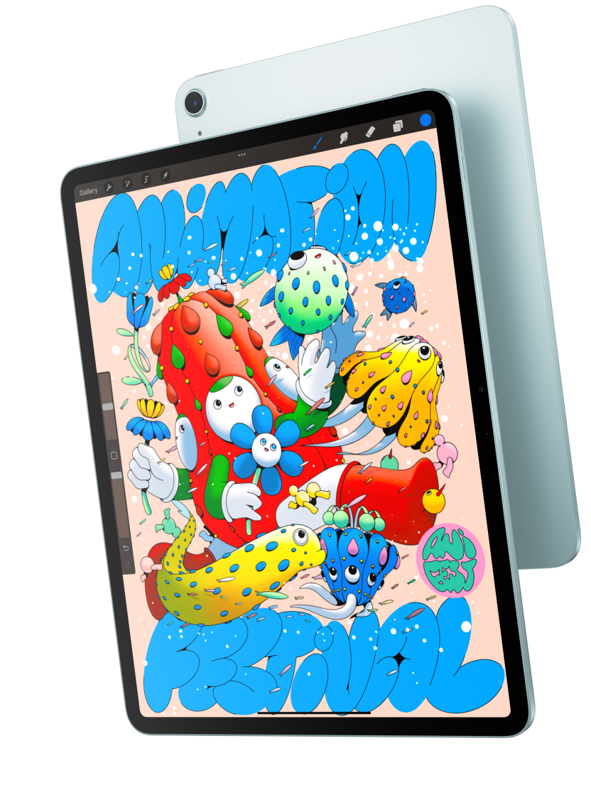 Front exterior, iPad Air showcasing the 13-inch model displaying Procreate and overlapping the back exterior of a blue iPad Air
