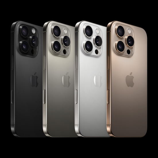 Back view of iPhone 16 Pro, all four finishes: Black Titanium, Natural Titanium, White Titanium and Desert Titanium.