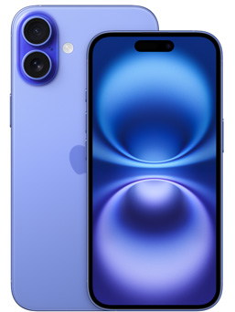Un iPhone 16 blu oltremare mostrato di fronte, e un iPhone 16 Plus mostrato da dietro di cui si nota la fotocamera.
