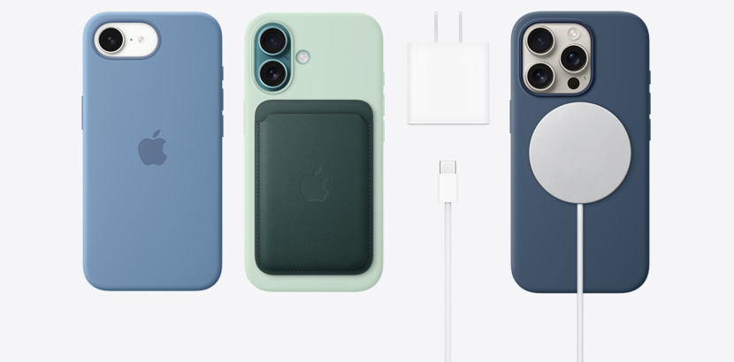 A linha de iPhone 16e e iPhone 16 com acessórios como diversas capas de silicone. Adaptador de energia USB-C de 20W, cabo para recarga com conector USB-C de 60W e carregador MagSafe.