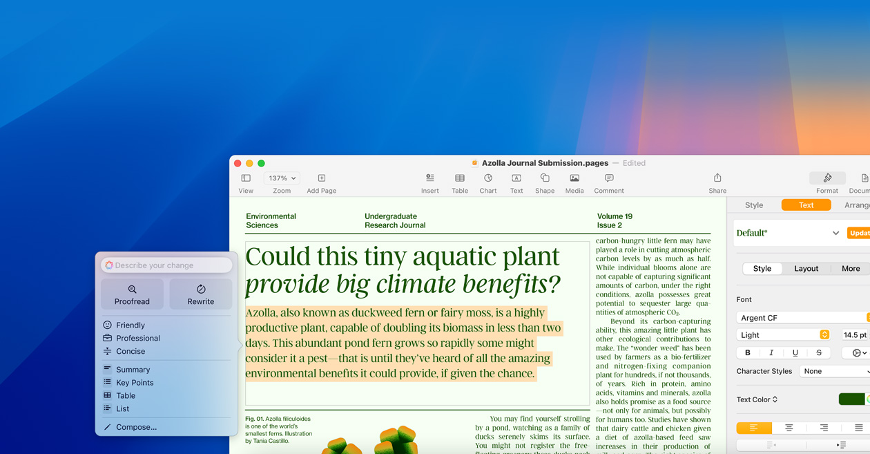 Una schermata che mostra la funzione di editing degli strumenti di scrittura disponibili con Apple Intelligence