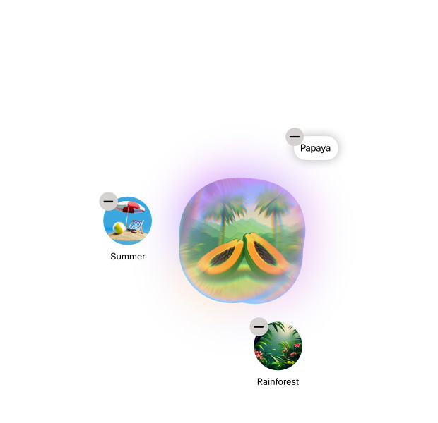 Una dimostrazione della funzione Image Playground che genera una serie di immagini correlate alle parole papaia, estate e foresta pluviale