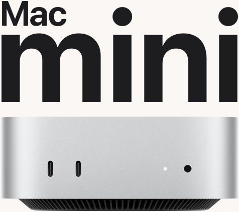 Un Mac mini color argento mostrato di fronte con le porte anteriori e l’indicatore di stato in evidenza.