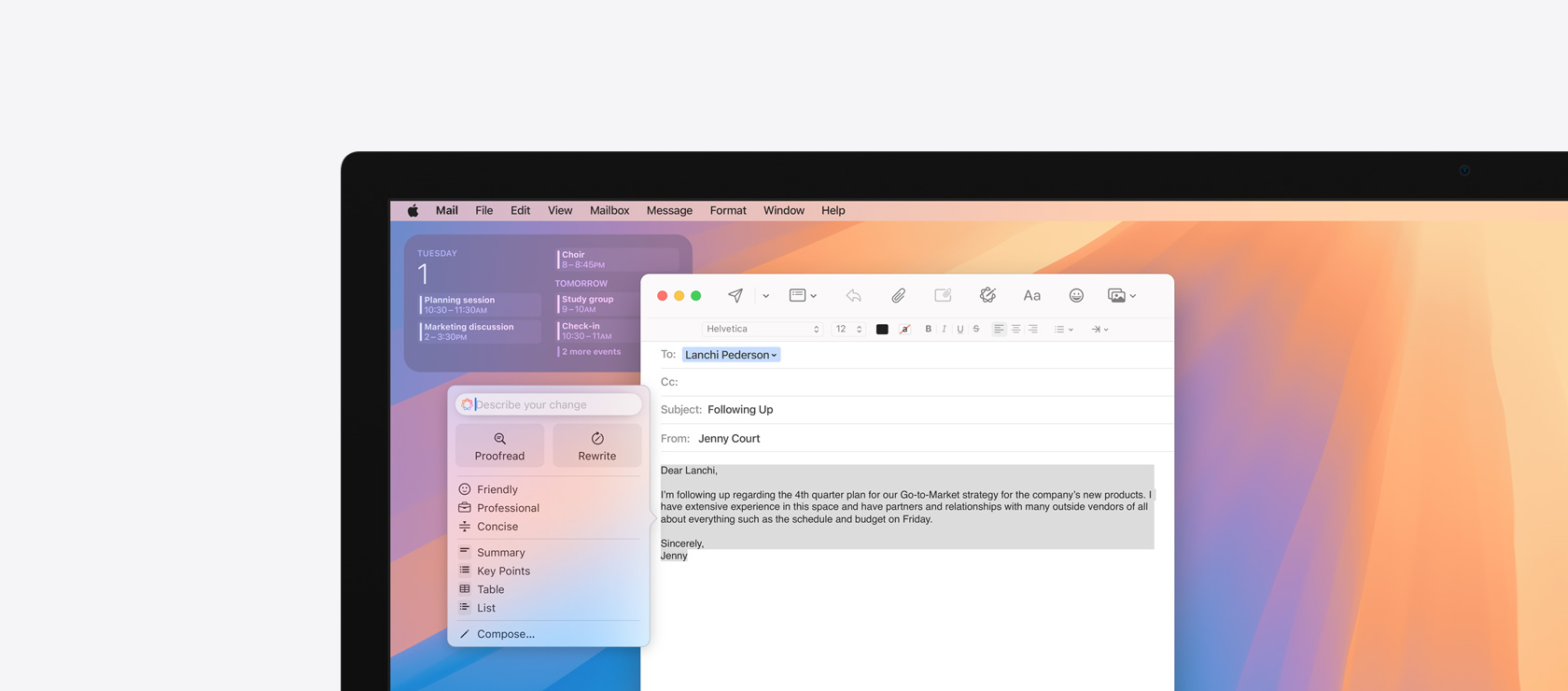 Pantalla que muestra la funcionalidad Herramientas de Escritura de Apple Intelligence en Mail.