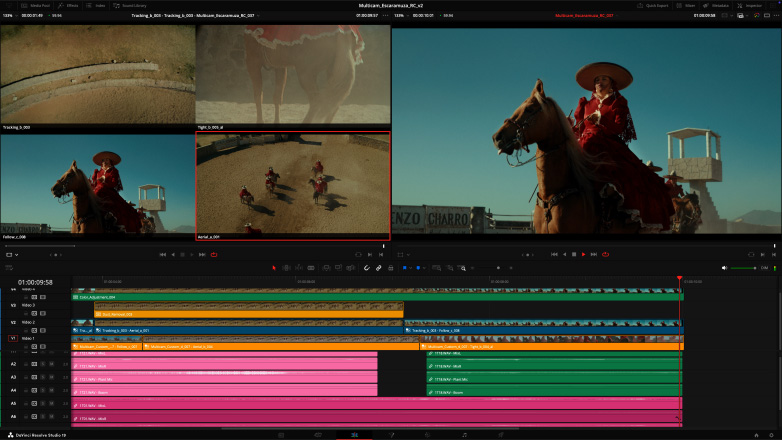 Un monitor Studio Display y una Mac Studio muestran el proceso de edición de un video multicámara en DaVinci Resolve Studio