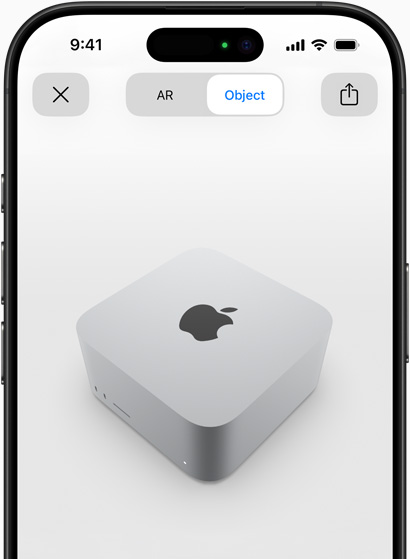 Un iPhone previsualizando una Mac Studio con realidad aumentada