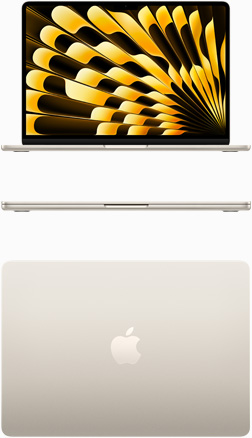 Изглед отпред и отгоре на MacBook Air в астро бяло