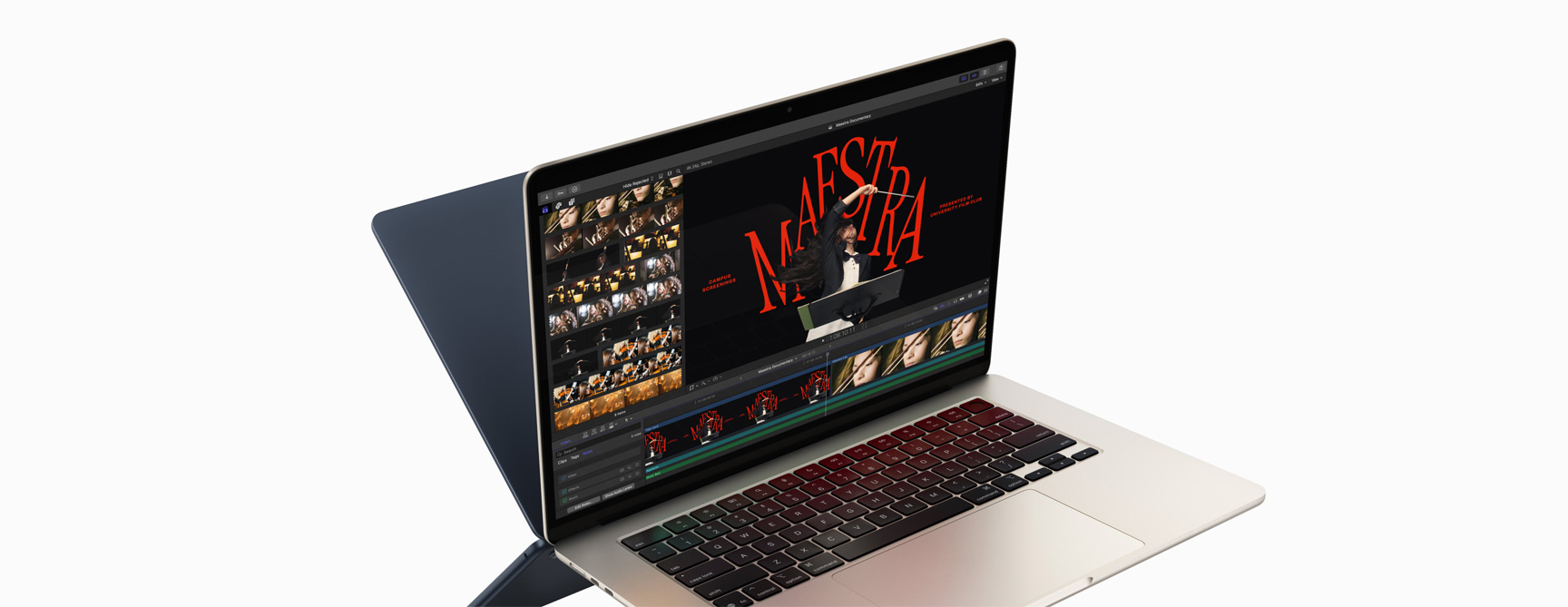 MacBook Air с монтаж на видео във Final Cut Pro, за да демонстрира способностите на M4 чипа, задната част на втория MacBook Air се появява зад първия като огледален образ