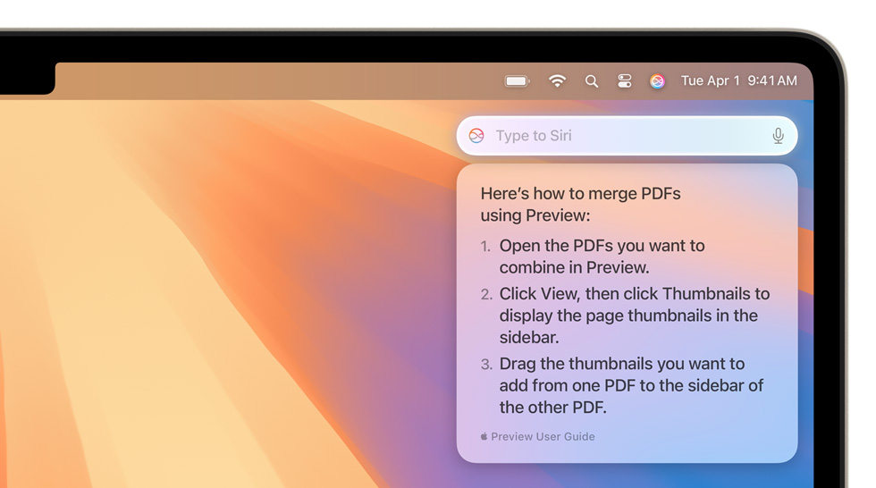 Notificación de Siri con información que el usuario buscaba sobre cómo combinar varios PDF.